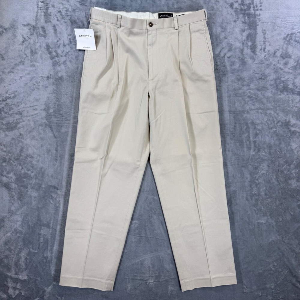 Eddie Bauer Pleated Chino Pants Men's 36x32 Tan Khaki Stretch Cotton Formal